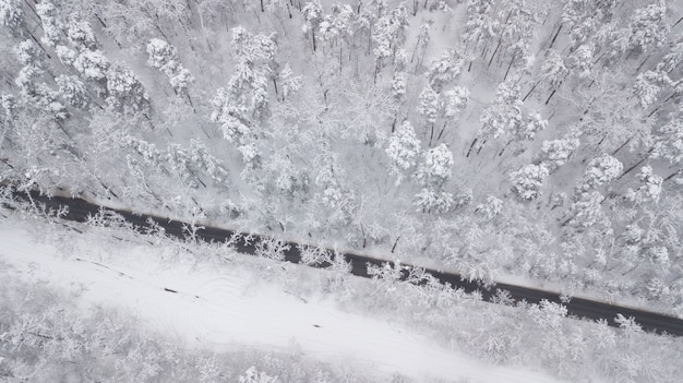 Luchtfoto van besneeuwde weg in de winter bos, vrachtwagen passeren, motion blur