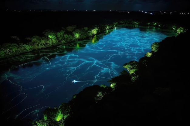 Luchtfoto van bioluminescente wateren in de amazones gecreëerd met generatieve ai