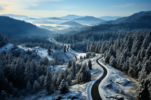 Foto luchtfoto van boven naar beneden van de winter kronkelende weg in het bos achtergrond een kronkelende weg in het bos
