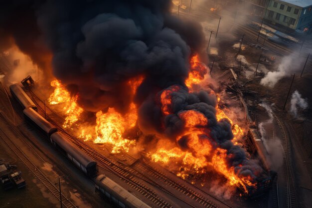 Luchtfoto van bovenaf van een ontspoorde trein die explodeert met vuur en rook Tanks die vuur verbranden met pesticiden Concept technogenische ramp Vagons goederentrein met gevaarlijke stoffen ontspoord