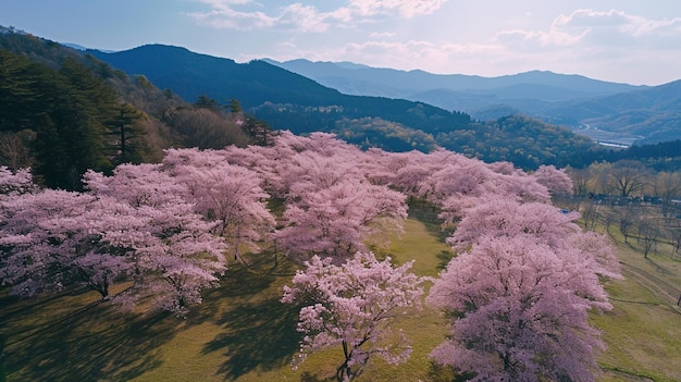 Luchtfoto van de berg Yoshino door de volbloeiende kersenbomen Generative Ai