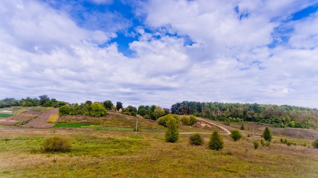 Luchtfoto van de bomen van de landschapsheuvels en de blauwe lucht met witte wolken