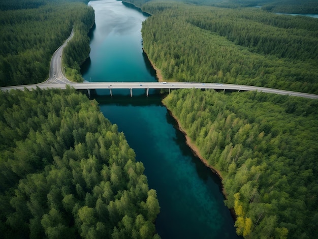 Luchtfoto van de brugasfaltweg met auto's en blauw watermeer en groene bossen in Finland