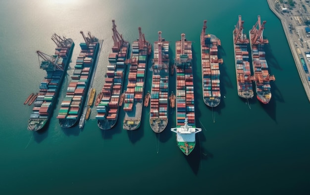 Luchtfoto van de containerwerf in havencongestie met scheepsschepen die Generatieve AI laden