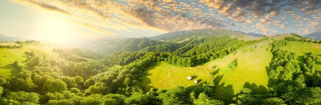 Luchtfoto van de eindeloze weelderige weiden van de Karpaten en landbouwgrond Gecultiveerd landbouwgebied Landelijk berglandschap bij zonsondergang Oekraïne