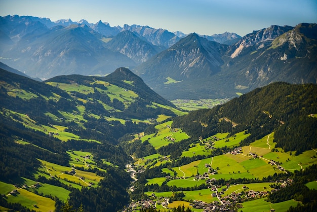 Luchtfoto van de groene dorpsvelden en het bos in de bergen Alpen Austria