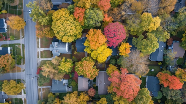 Luchtfoto van de herfstbuurt met levendige herfstbladeren en woonhuizen