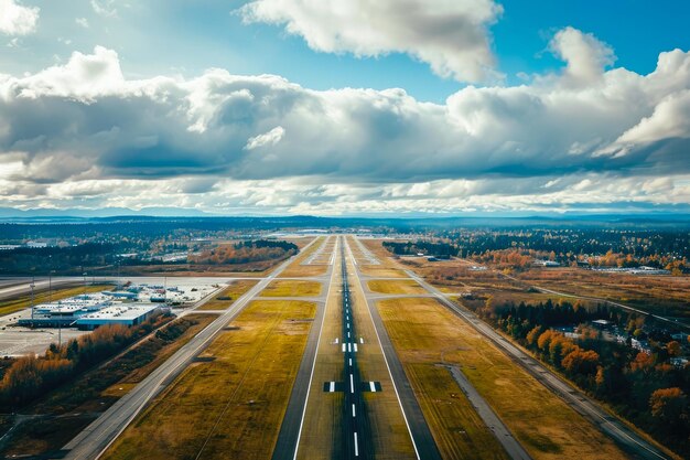 Luchtfoto van de landingsbaan van de luchthaven in zonlicht