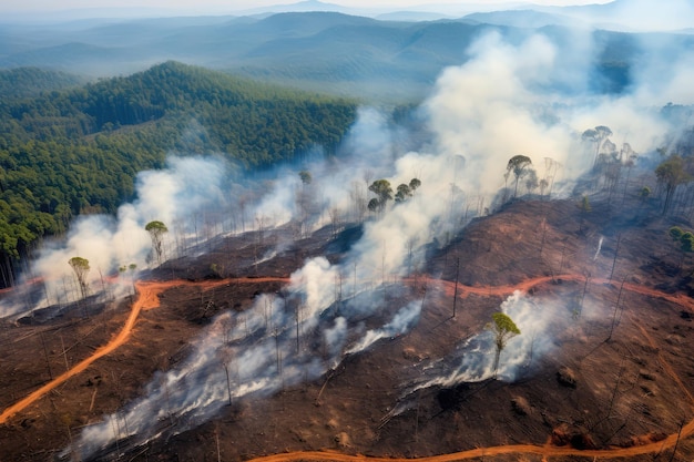 Luchtfoto van de ontbossing van het tropische regenwoud als gevolg van illegale brandbestrijding en verbranding Illustrat