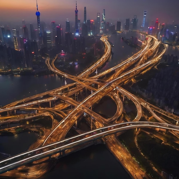 Luchtfoto van de overbrug van Shanghai 's nachts