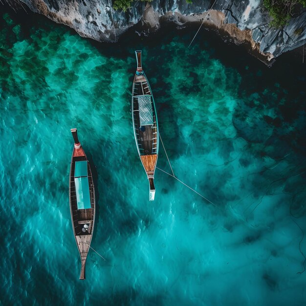 Luchtfoto van de serene zee met boten in de buurt van de rotsachtige kustlijn rustige wateren en reisconcept hoogwaardige stockfoto AI