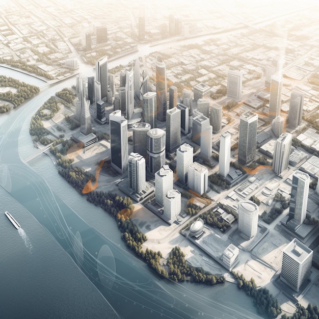 Luchtfoto van de stad met gebouwen die financiële instellingen en rivier vertegenwoordigen