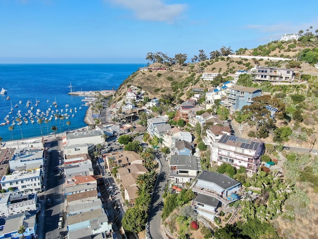 Luchtfoto van de vallei van de binnenstad van Avalon in de beroemde toeristische attractie van Santa Catalina Island