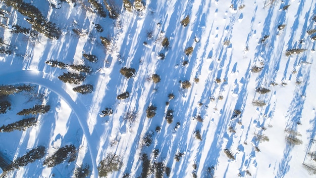 Luchtfoto van de weg in het idyllische winterlandschap Straat die door de natuur loopt vanuit het oog van een vogel