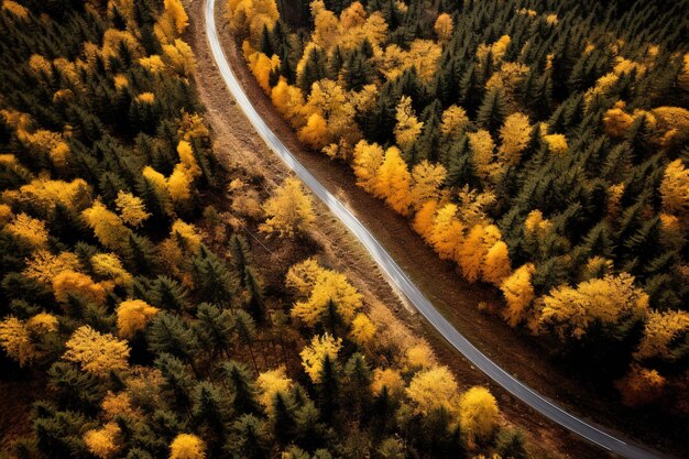 Luchtfoto van dik bos in de herfst met weg doorsnijden