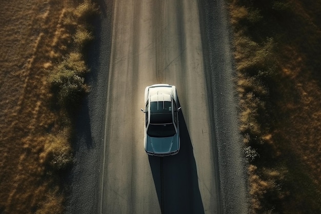 Luchtfoto van een auto op de weg