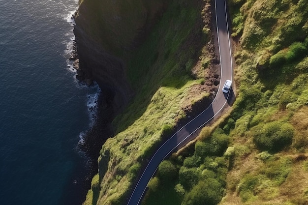 Luchtfoto van een auto op een weg in de buurt van de klif in het eiland Canical Madeira, Portugal