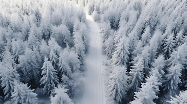 Luchtfoto van een besneeuwd bos met een kronkelende weg die door de dichte met vorst bedekte bomen snijdt