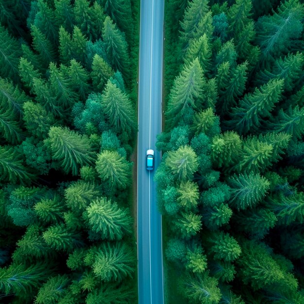 Luchtfoto van een blauwe auto die op een zomerdag een asfaltweg over een uitgestrekt bos rijdt