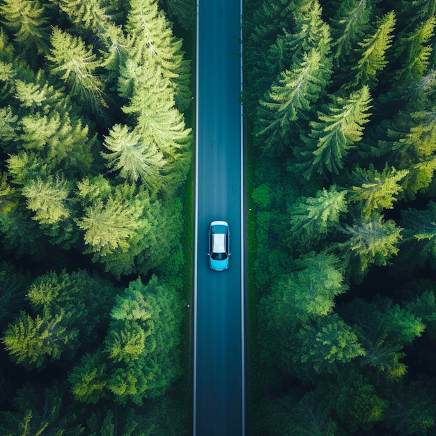 Luchtfoto van een blauwe auto die op een zomerdag een asfaltweg over een uitgestrekt bos rijdt
