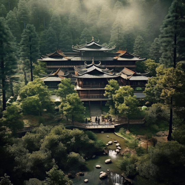 Luchtfoto van een boeddhistische tempel midden in het bos