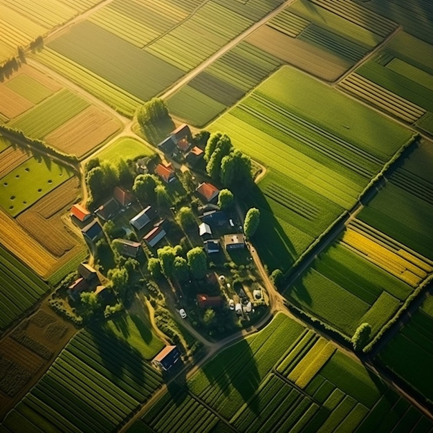 luchtfoto van een boerderij met een klein dorpje midden in de velden generatieve ai