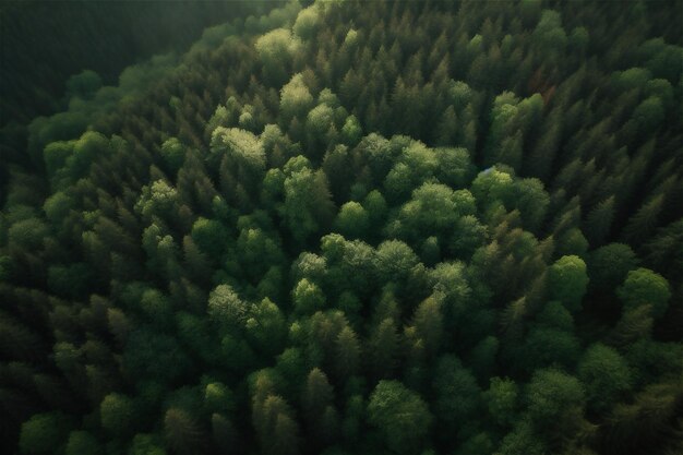 Luchtfoto van een bos met een groen bos en de zon schijnt naar beneden.