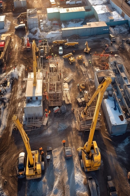 Luchtfoto van een bouwplaats met kranen en machines gemaakt met generatieve AI