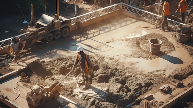 Luchtfoto van een bouwvakker die betonweg giet op de bouwplaats