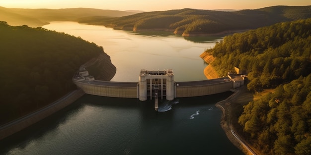 Luchtfoto van een dam of ander hydro-elektrisch project bij een reservoir, genomen vanaf een drone Elektriciteit gebruiken om water af te voeren via een poort