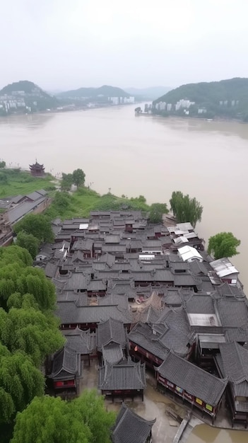 Luchtfoto van een dorp in het midden van de rivier.