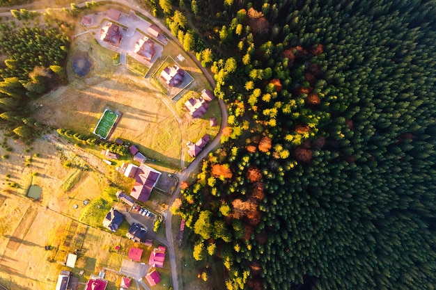 Luchtfoto van een dorpshuis in de buurt van dicht groen dennenbos met luifels van sparrenbomen