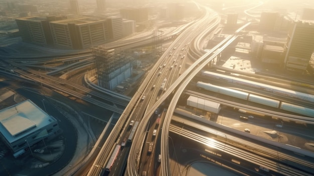Luchtfoto van een drukke snelweg in een grote stad met veel auto's erop.