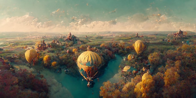 Luchtfoto van een Europees landschap vanuit een heteluchtballon met een verliefd stel, 3d render