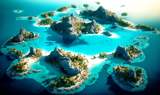 Luchtfoto van een groep eilanden omgeven door helderblauw water