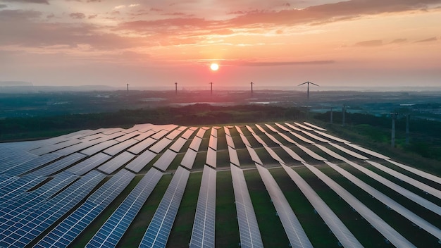 Luchtfoto van een grote duurzame elektriciteitscentrale met vele rijen zonnepanelen