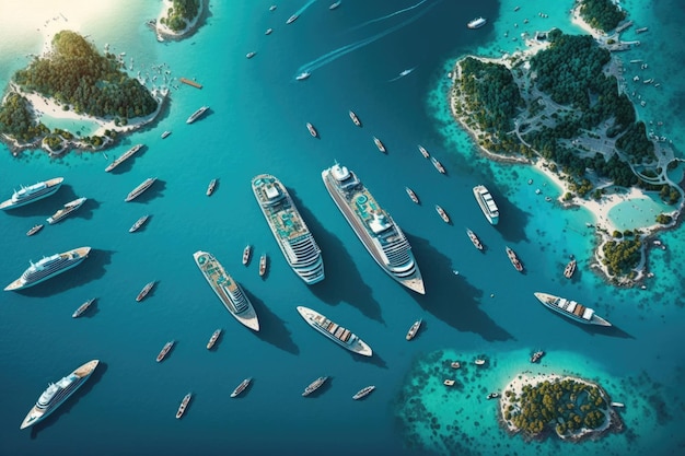 Luchtfoto van een grote groep cruiseschepen die op zee varen Generatieve AI