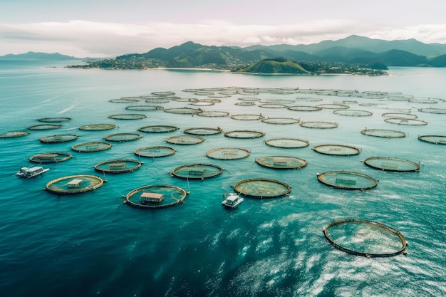 Luchtfoto van een grote viskwekerij in de oceaan