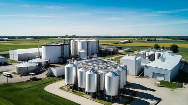 Luchtfoto van een industrieel landbouwcomplex met silo's en verwerkingsgebouwen