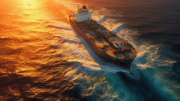 Luchtfoto van een industrieel ruwe olie- en brandstoftankerschip dat in de diepblauwe open oceaan cruiseert Generative Ai