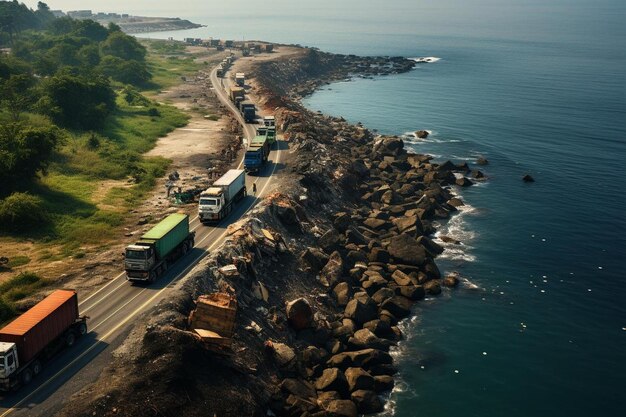 Luchtfoto van een konvooi van vuilniswagens op een kustweg Beste foto van een vuilniswagen