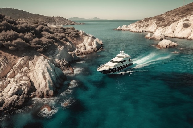 Luchtfoto van een luxe jacht naast het mediterrane eilandparadijs dat door AI is gegenereerd