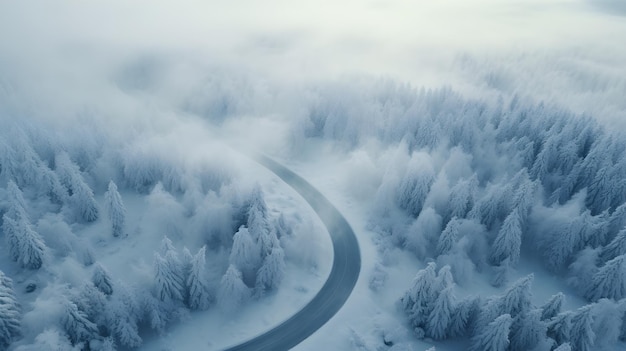 Luchtfoto van een met sneeuw bedekt bos en een kronkelende weg