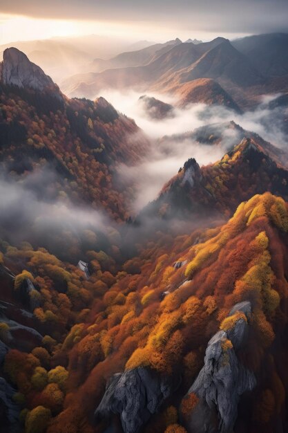 Luchtfoto van een mistig berglandschap in de herfst gecreëerd met generatieve ai