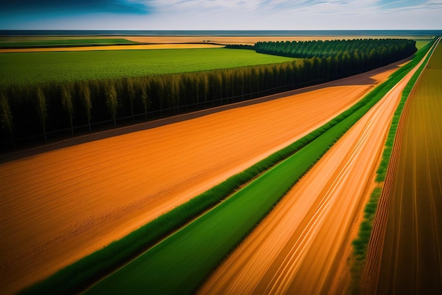 Luchtfoto van een onverharde weg bij een boerderij