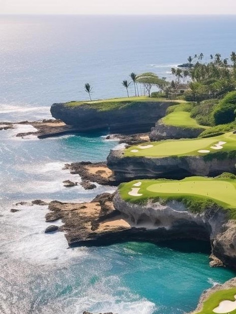 luchtfoto van een prachtige golfbaan op een overgroeide rotsachtige klif in een zonnig luxe toeristisch resort op