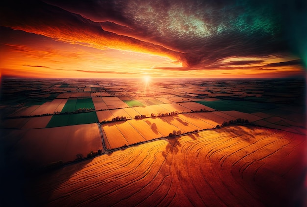 Luchtfoto van een prachtige zonsondergang over velden met gewassen
