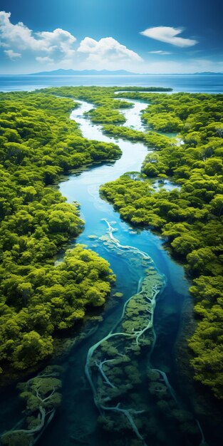 Luchtfoto van een rivier in het regenwoud Donkercyaan en beige behang