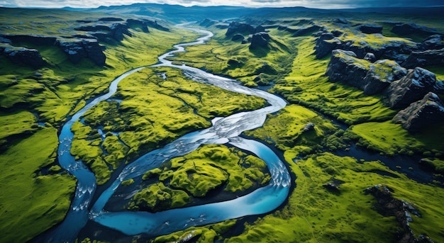 luchtfoto van een rivier in IJsland