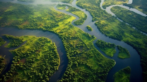 Luchtfoto van een rivierdelta met weelderige groene vegetatie en kronkelende waterwegen Generatieve AI